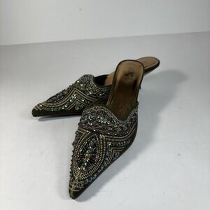 Rouge Women's Size 7.5 Olive Green Beaded Sequin Pointed Toe Kitten Heel